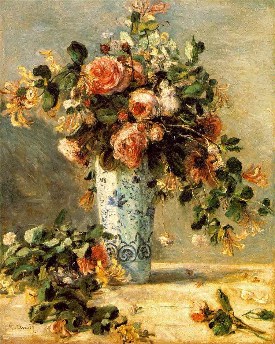 Pierre Auguste Renoir Les roses et jasmin dans le vase de Delft
